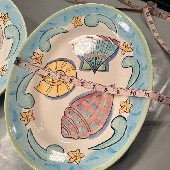 Bella Delray Nautical Seashell Salute Ceramic Platter Bowls Coastal Aqua Trim - Picture 11 of 16